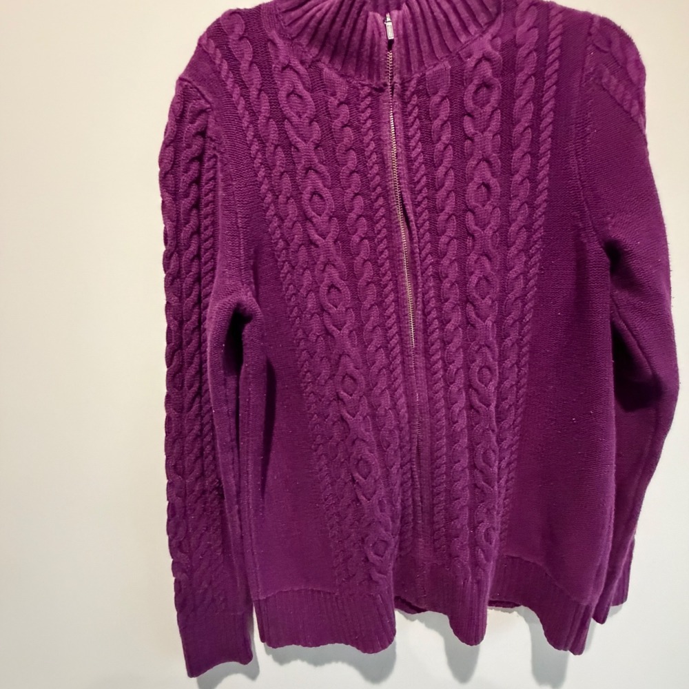 LL Bean Cable Knit Zip Up Sweater Women L Purple Cotton Fisherman Cabincore